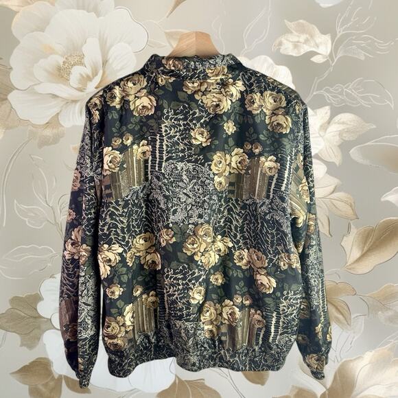 100% Silk Xposure VTG Women's PL Petite Large Black Tan Floral Full Zip Jacket - Picture 2 of 8